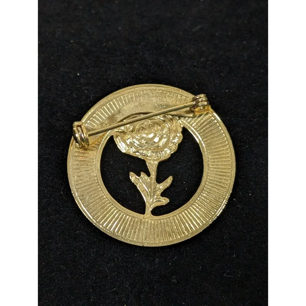 Vintage Gold‎ Tone Ribbed Rose Flower Round Wreath Pin Brooch Retro